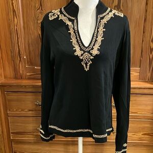 Studio G black sweater w tan beading sz XL
